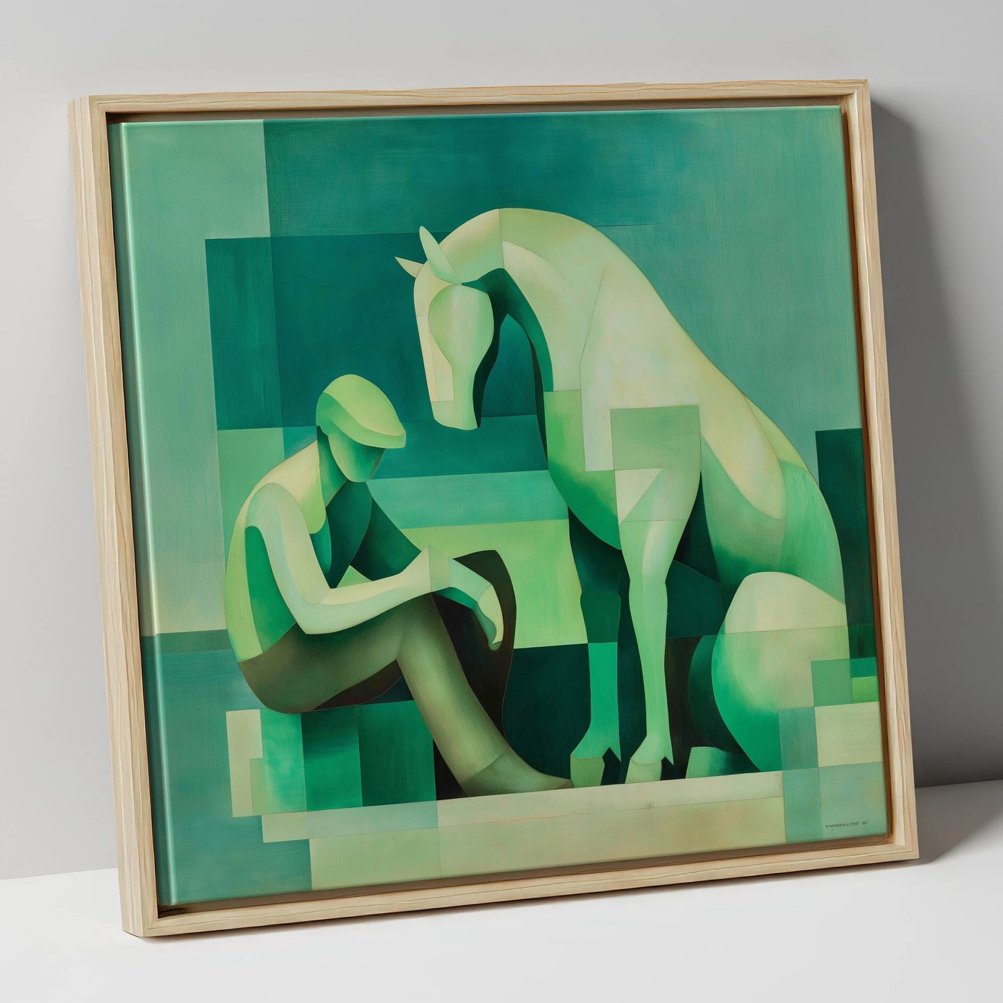 Silent Conversation horse & rider canvas wall art in natural frame