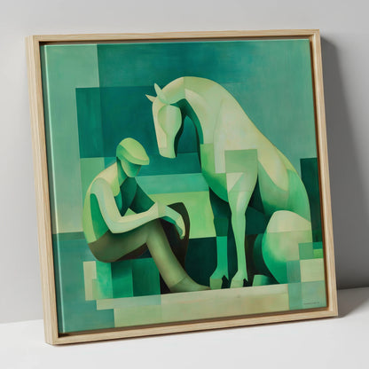 Silent Conversation horse & rider canvas wall art in natural frame