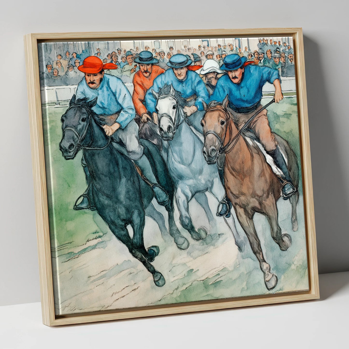 Classic Turf Rivalry racing horse canvas wall art in natural frame