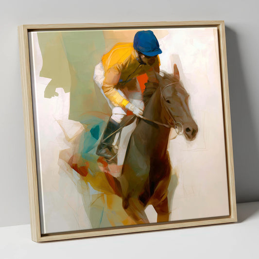 Yellow Silk Strike racing horse canvas wall art in natural frame