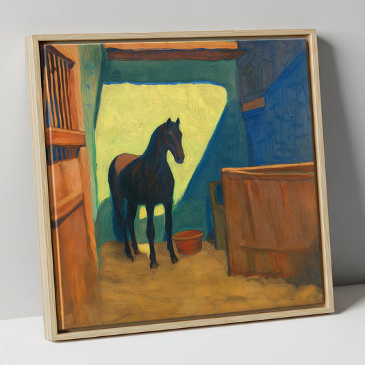 The Sunlit Stall horse stable canvas wall art in natural frame