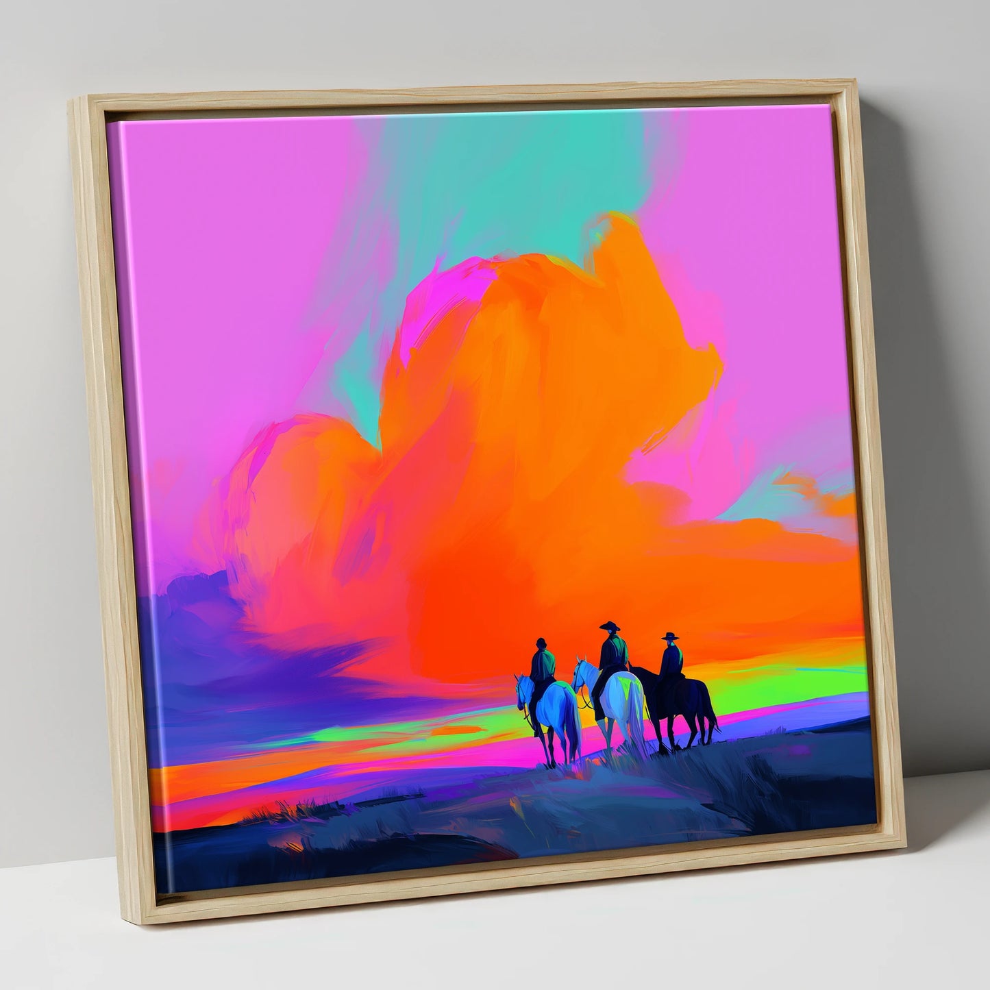Electric Frontier Skies horse landscape canvas wall art in natural frame