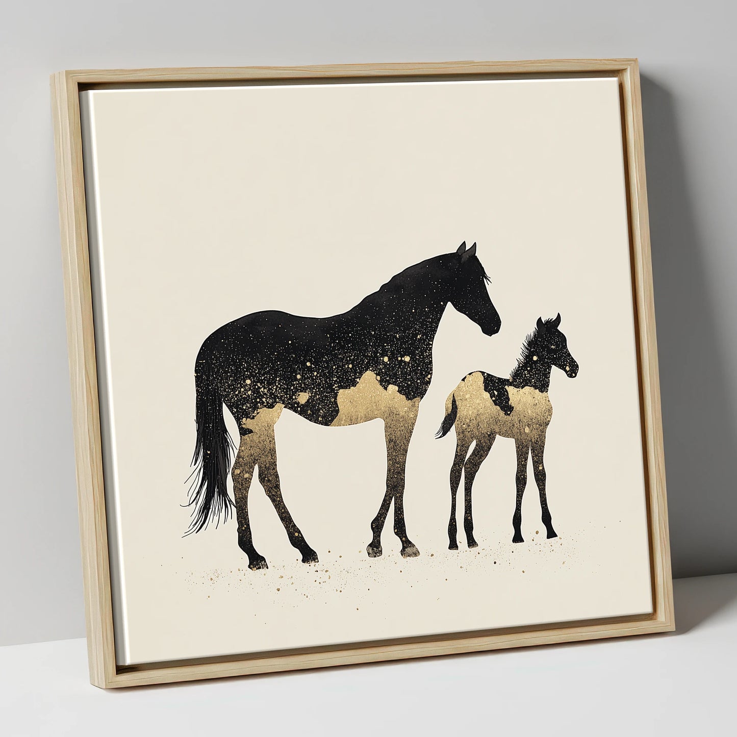 Gilded Midnight Bond mare & foal canvas wall art in natural frame