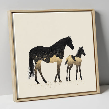 Gilded Midnight Bond mare & foal canvas wall art in natural frame