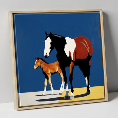 Striking Skewbald Bond mare & foal canvas wall art in natural frame