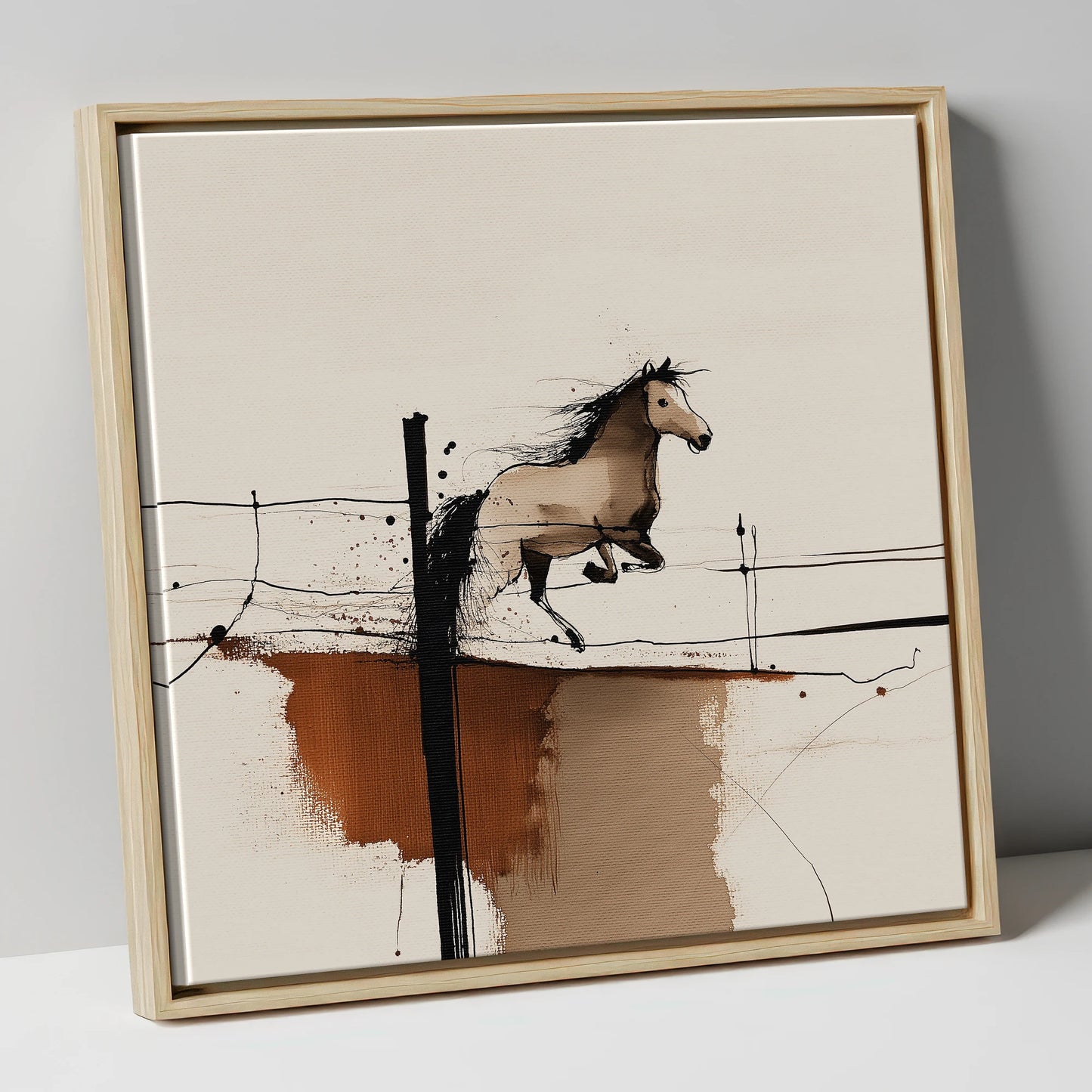 Clearing the Boundary show jumping horse canvas wall art in natural frame