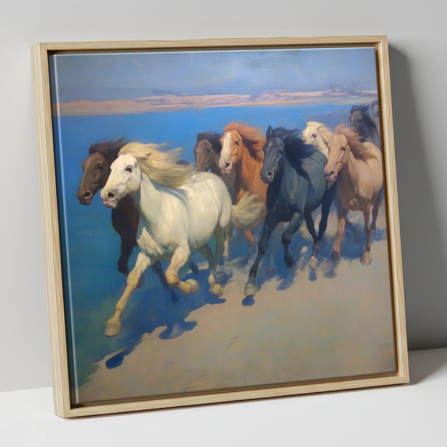 Azure Coastal Gallop wild horses canvas wall art in natural frame