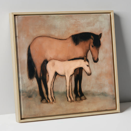 Timeless Bond mare & foal canvas wall art in natural frame