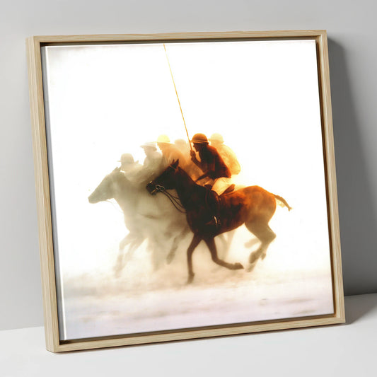 Through the Golden Haze polo horse canvas wall art in natural frame