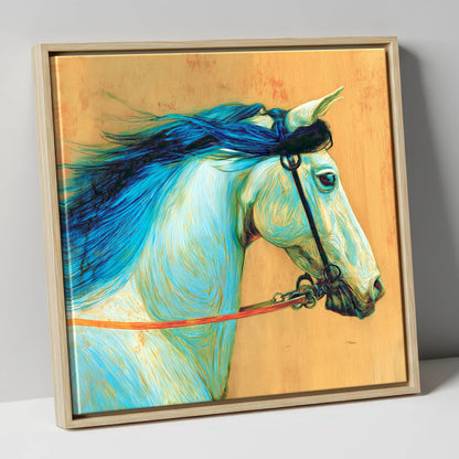 Cerulean Spirit horse portrait canvas wall art in natural frame