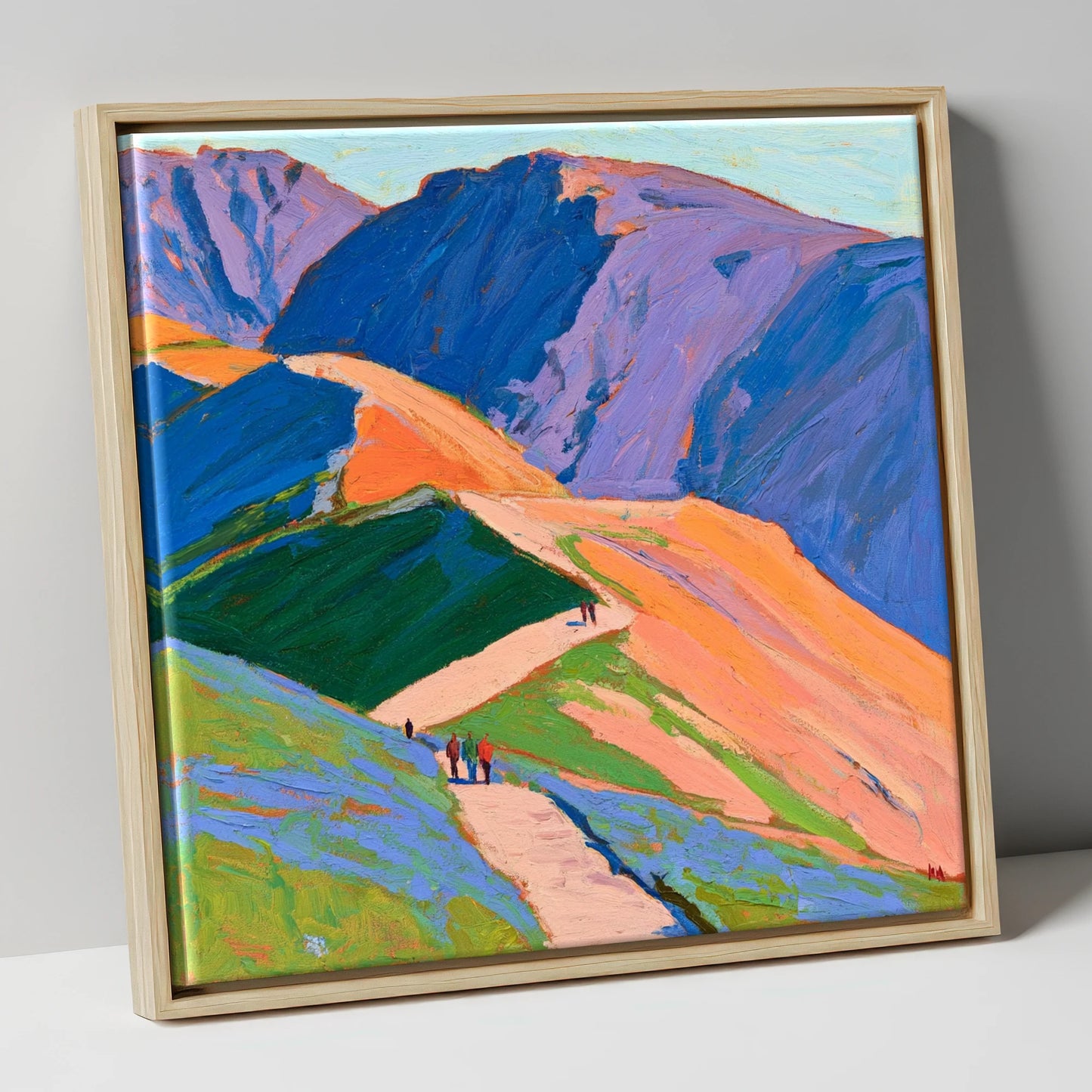 Vibrant Mountain Trail horse landscape canvas wall art in natural frame