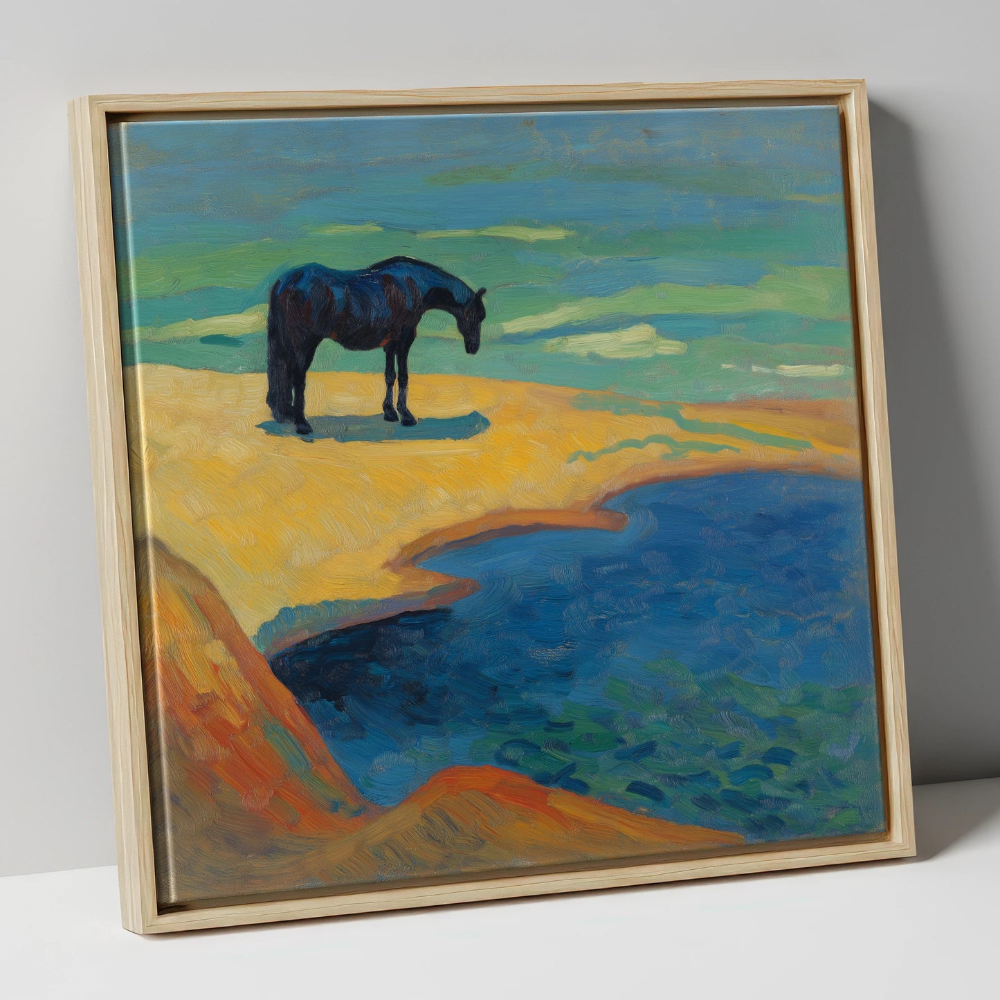 Vibrant Coastal Solitude horse landscape canvas wall art in natural frame