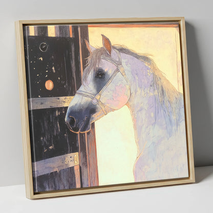 The Luminous Grey horse stable canvas wall art in natural frame