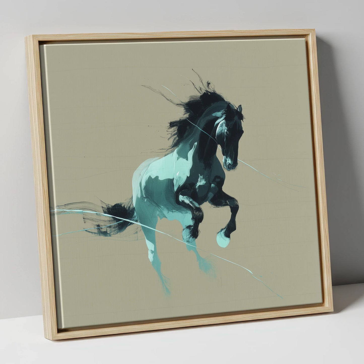 Dynamic Teal Stallion horse breed canvas wall art in natural frame