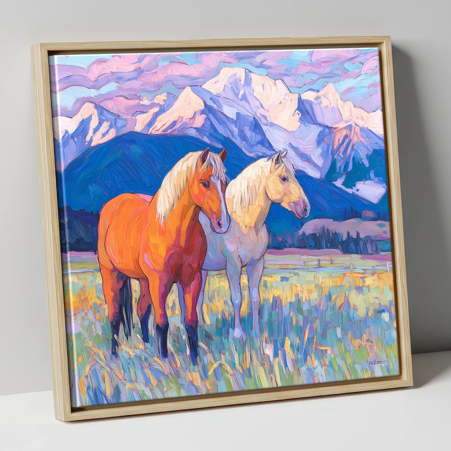Painted Mountain Pasture horse landscape canvas wall art in natural frame