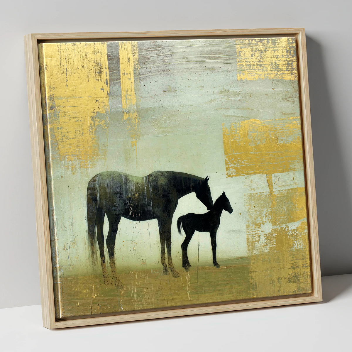 Gilded Maternal Bond mare & foal canvas wall art in natural frame