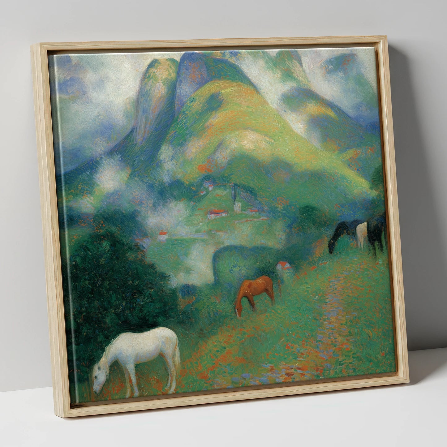 Luminous Alpine Valley horse landscape canvas wall art in natural frame