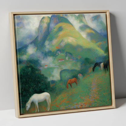 Luminous Alpine Valley horse landscape canvas wall art in natural frame