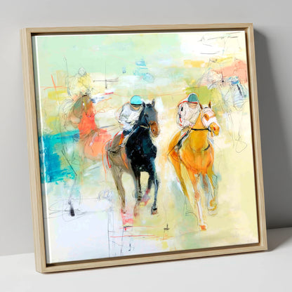 Thundering Strides racing horse canvas wall art in natural frame