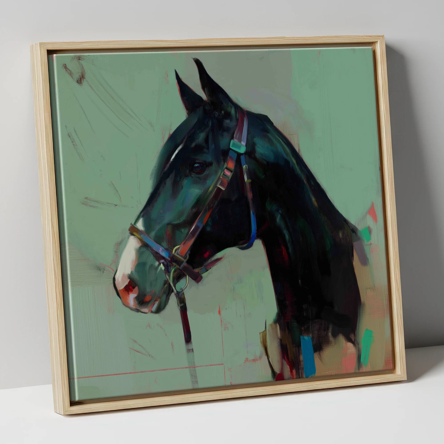 Midnight Profile in Teal horse portrait canvas wall art in natural frame