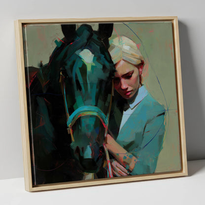 Silent Understanding horse & rider canvas wall art in natural frame