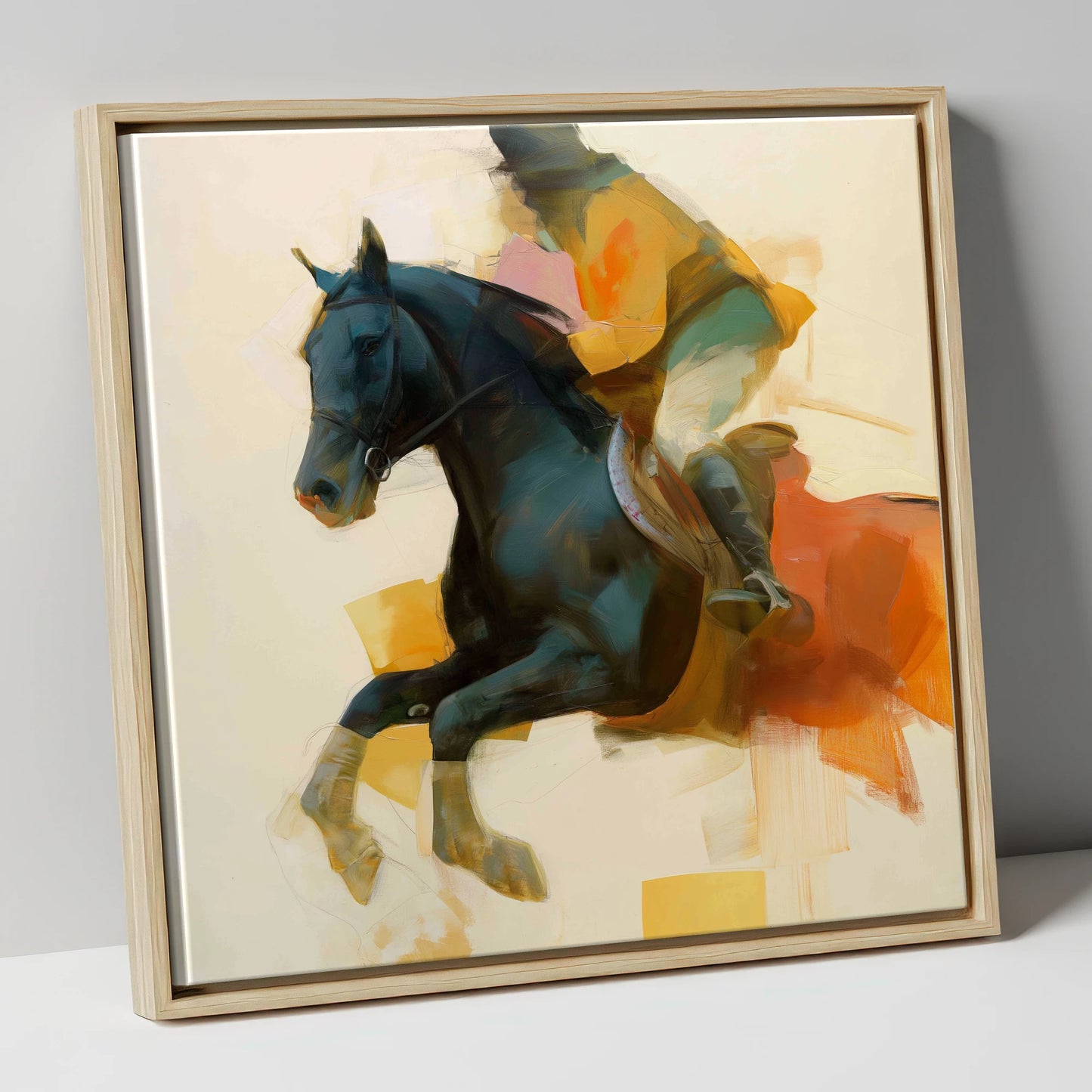Kinetic Leap show jumping horse canvas wall art in natural frame