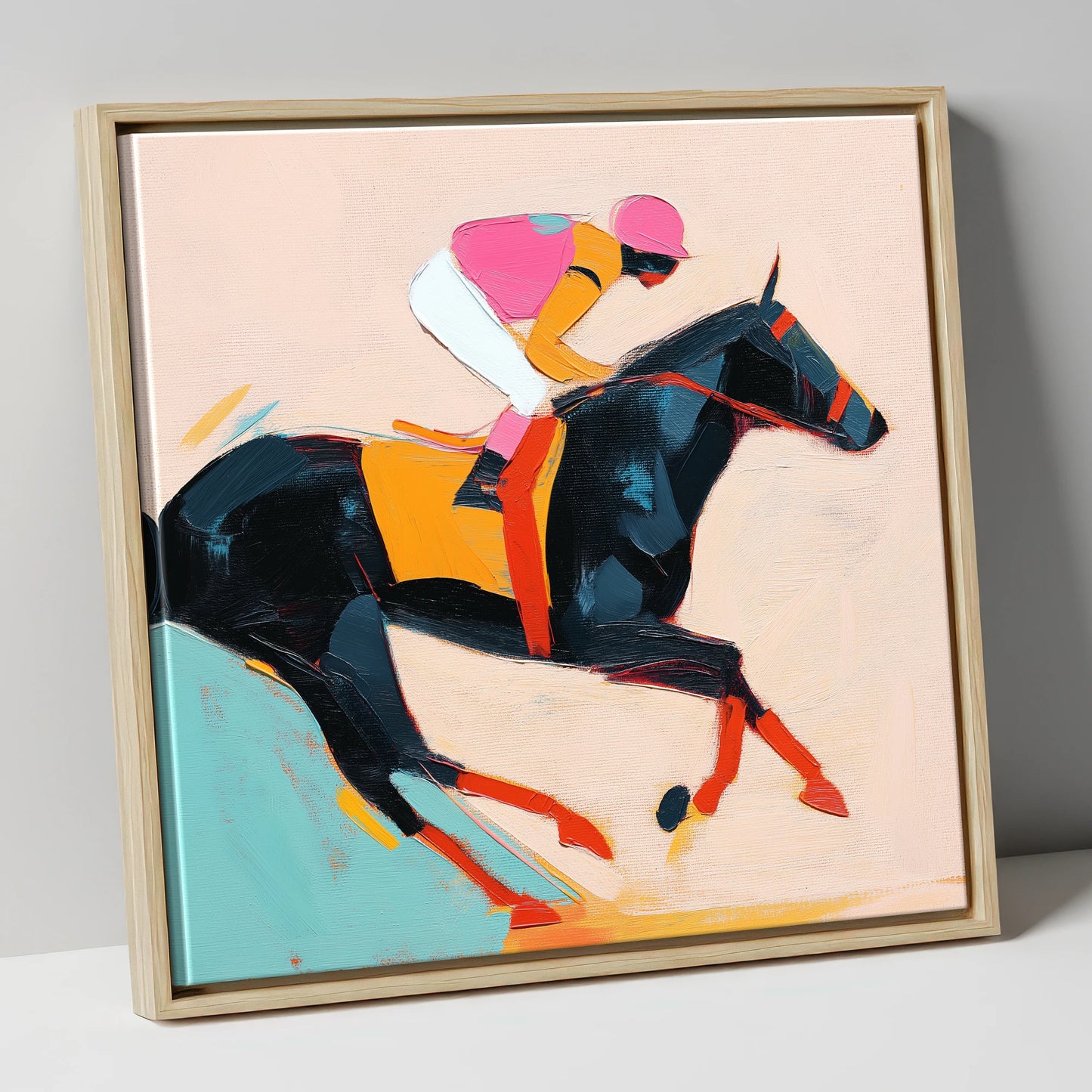 Vivid Racing Spirit racing horse canvas wall art in natural frame