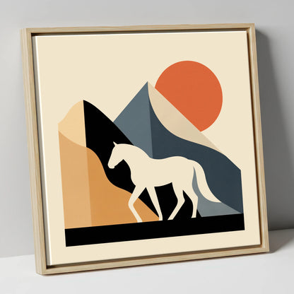 Abstract Equine Sunrise horse landscape canvas wall art in natural frame