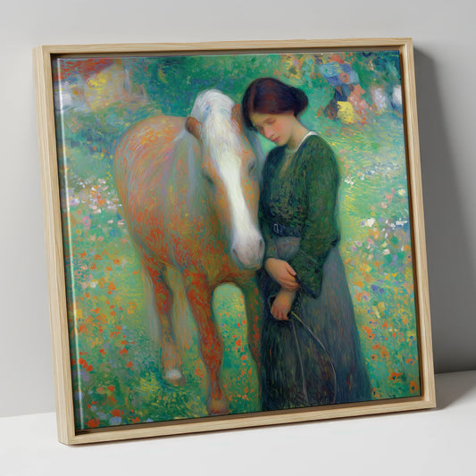 Meadow's Embrace horse & rider canvas wall art in natural frame