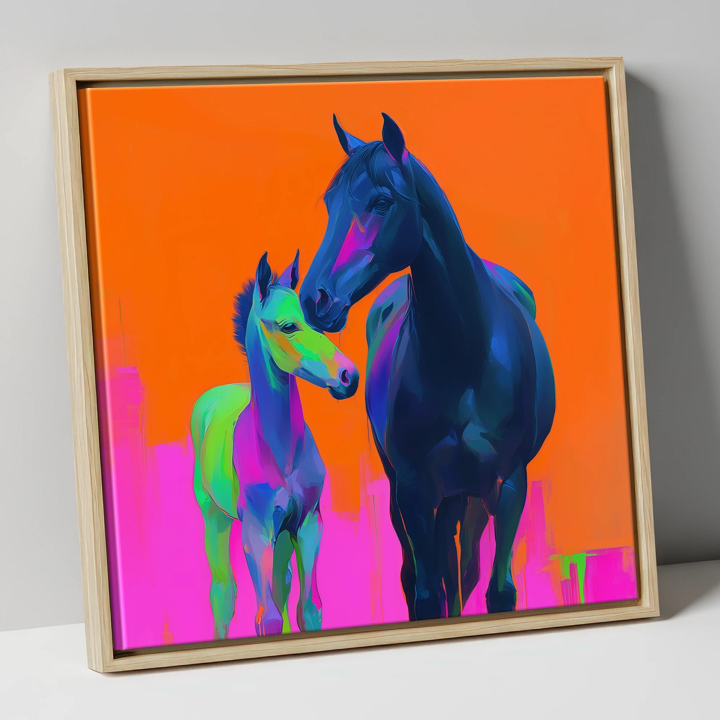 Electric Bond mare & foal canvas wall art in natural frame
