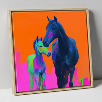 Electric Bond mare & foal canvas wall art in natural frame