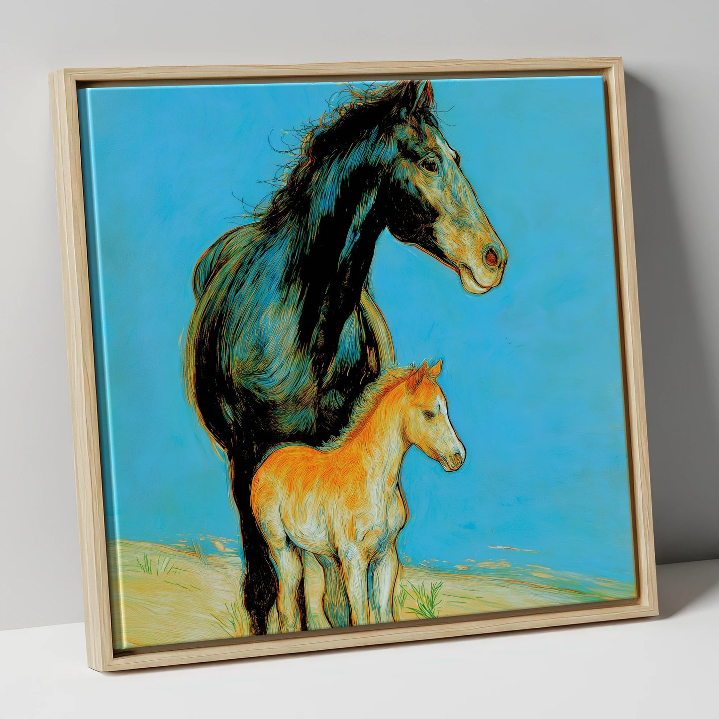 Cerulean Bond mare & foal canvas wall art in natural frame