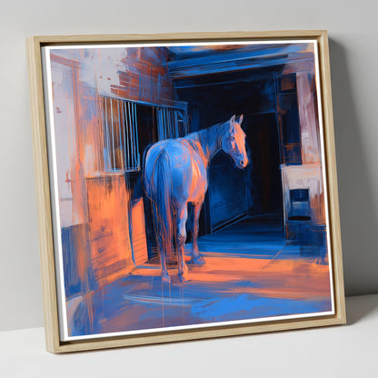 Quiet Light in the Yard horse stable canvas wall art in natural frame