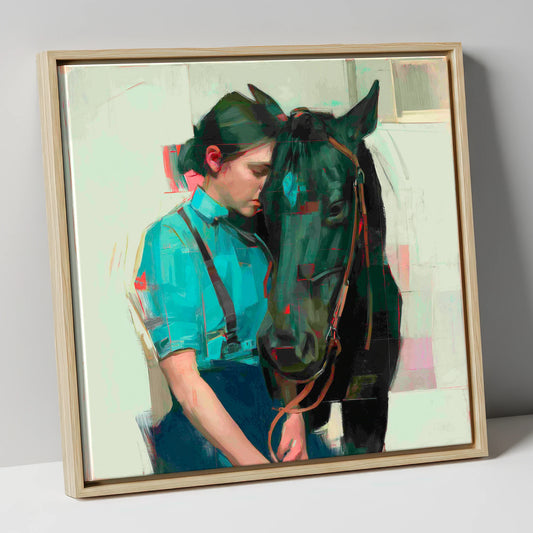 A Quiet Understanding horse & rider canvas wall art in natural frame