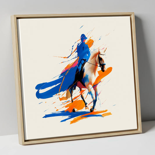 Cobalt Canter dressage horse canvas wall art in natural frame