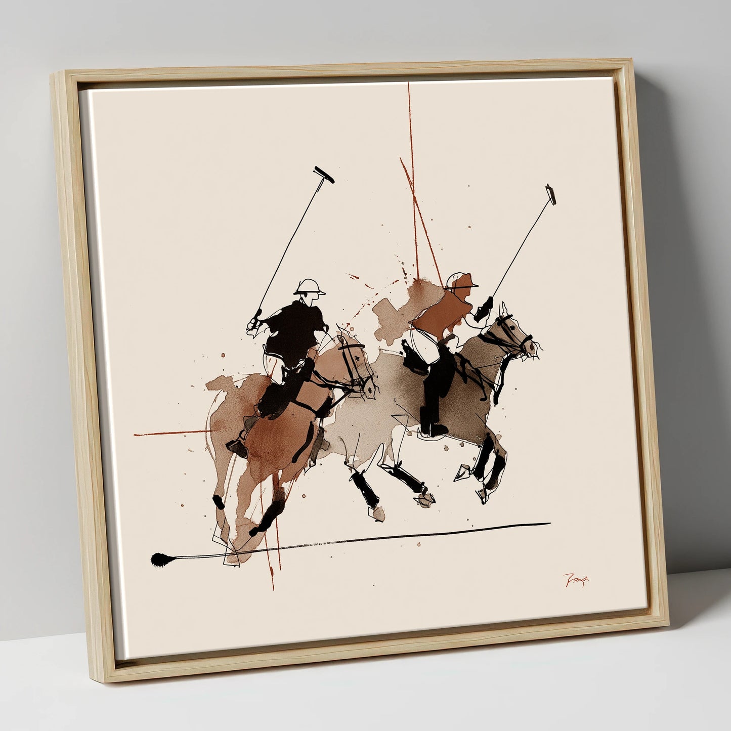 Midfield Charge polo horse canvas wall art in natural frame