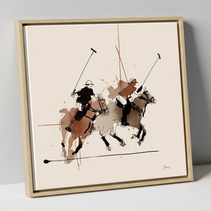 Midfield Charge polo horse canvas wall art in natural frame