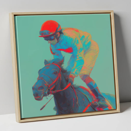 Electric Furlong racing horse canvas wall art in natural frame