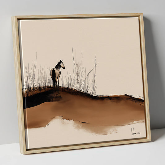 Horse on a Sepia Ridge horse landscape canvas wall art in natural frame