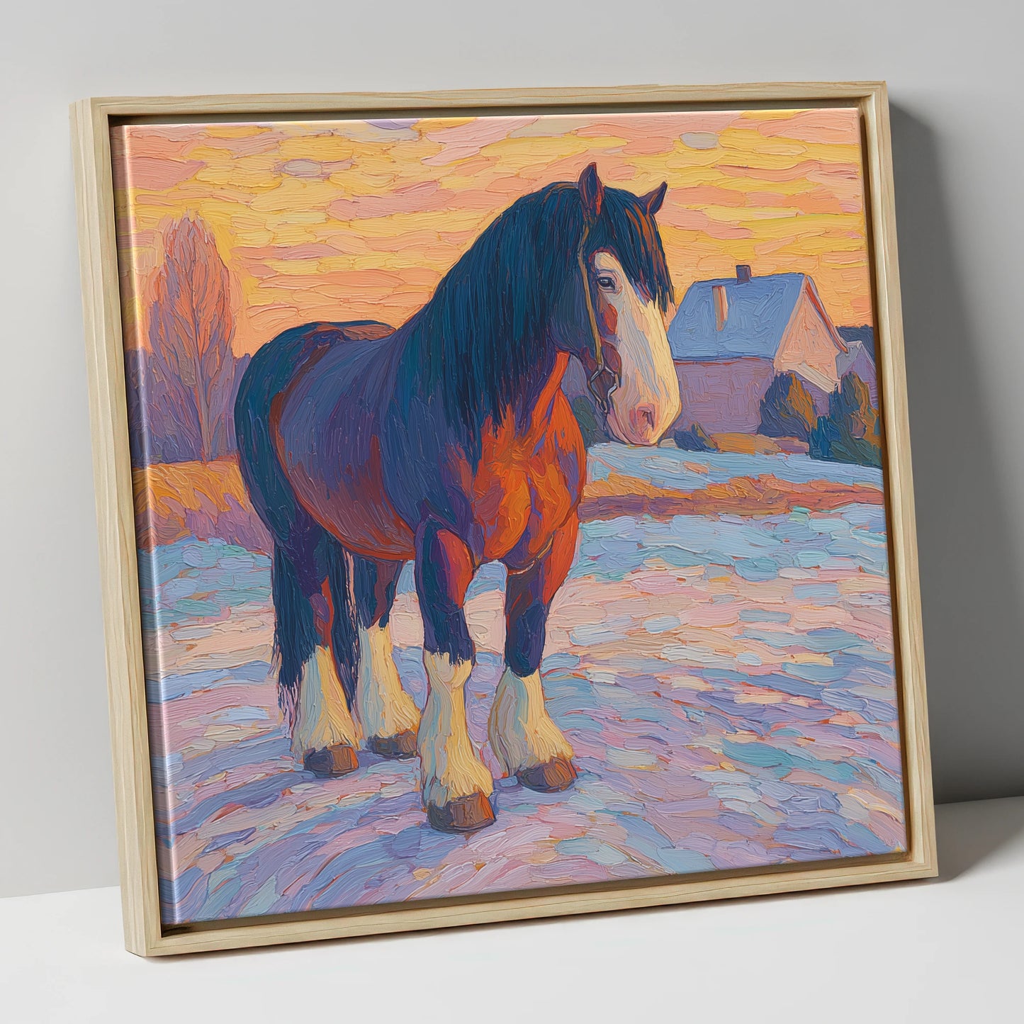 Majestic Winter Shire horse breed canvas wall art in natural frame
