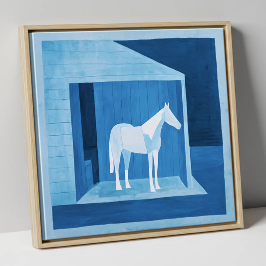 Azure Shelter horse stable canvas wall art in natural frame