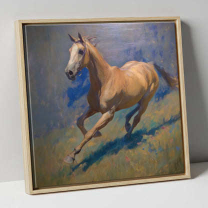 Golden Stride racing horse canvas wall art in natural frame
