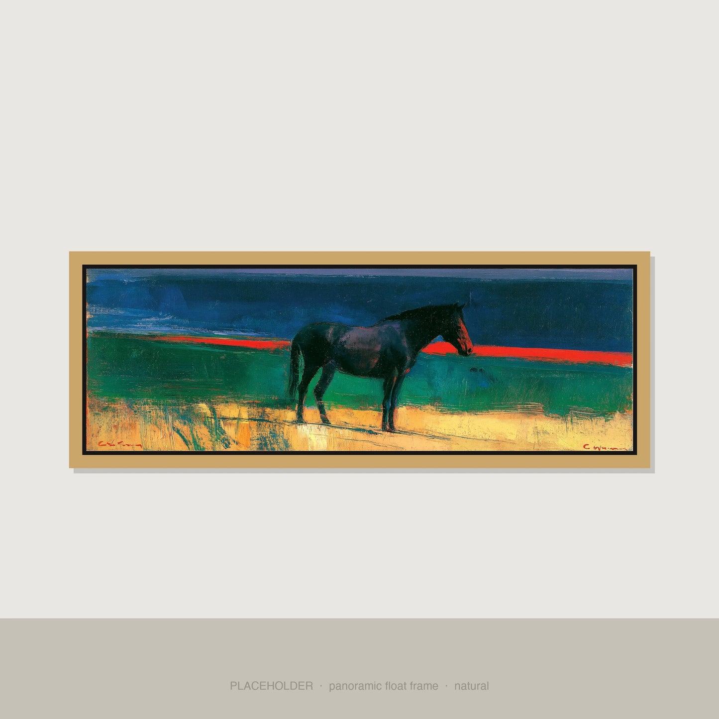 The Crimson Horizon Horse Landscape panoramic canvas wall art in natural float frame