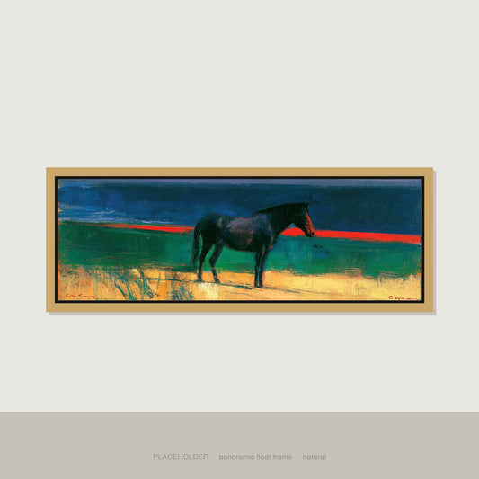 The Crimson Horizon Horse Landscape panoramic canvas wall art in natural float frame