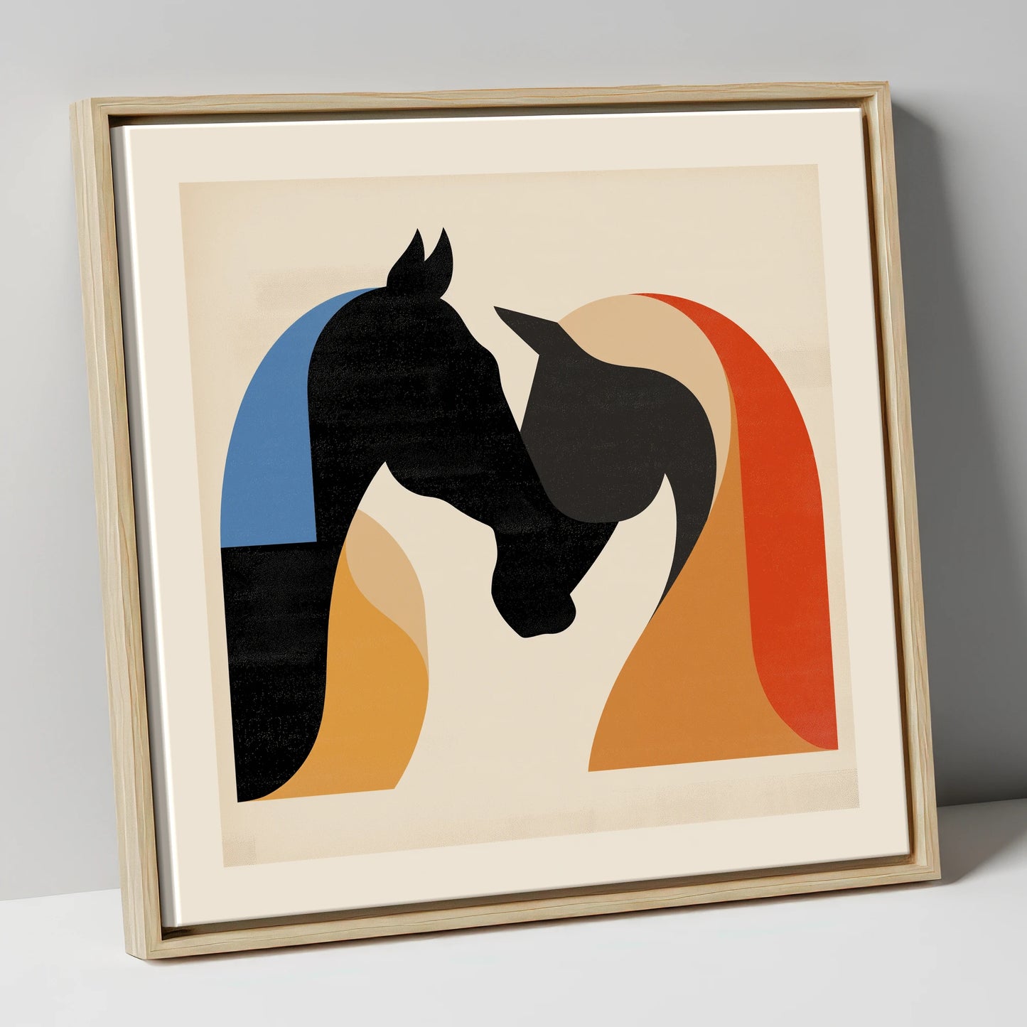 Abstract Equine Embrace horse portrait canvas wall art in natural frame