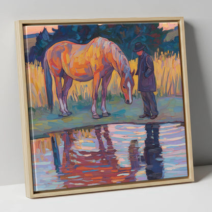 Quiet Reflections horse & rider canvas wall art in natural frame