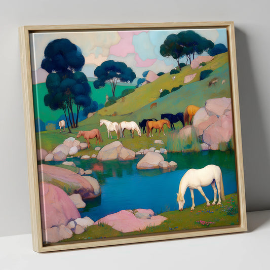 The Pastel Pasture horse landscape canvas wall art in natural frame