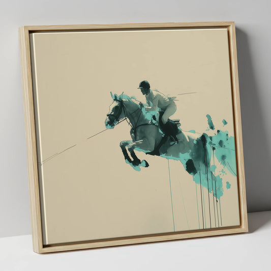 Suspended In Teal show jumping horse canvas wall art in natural frame
