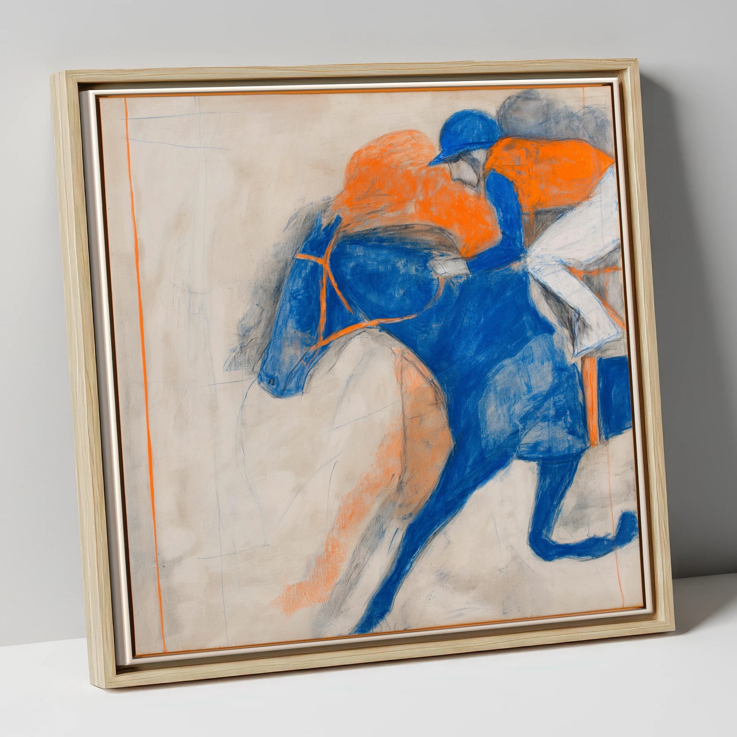 Cobalt Surge racing horse canvas wall art in natural frame