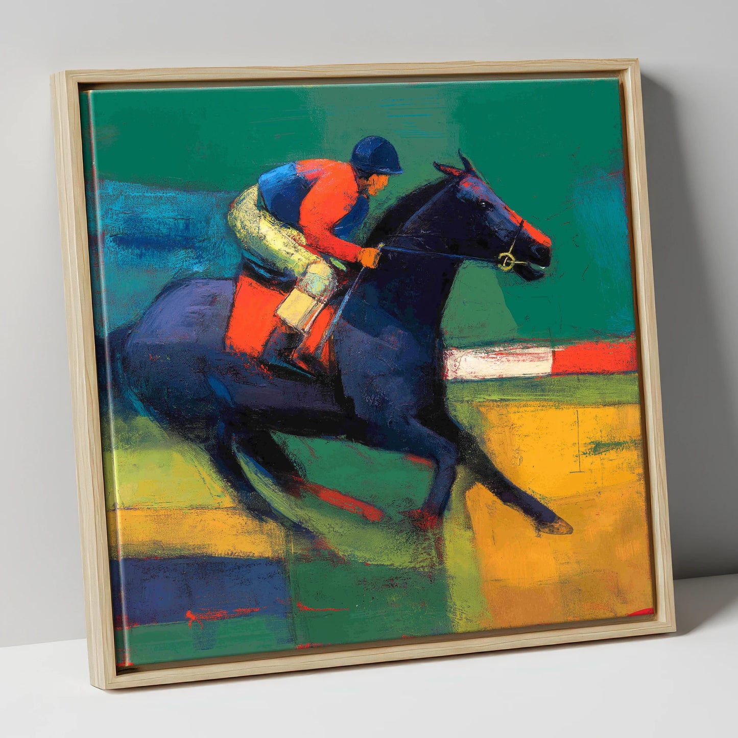 Thundering Colours racing horse canvas wall art in natural frame
